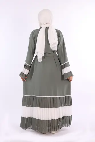 Kol ve Etek Ucu İki Renkli Bel Kuşaklı Piliseli Abaya 7454 Mint - 3