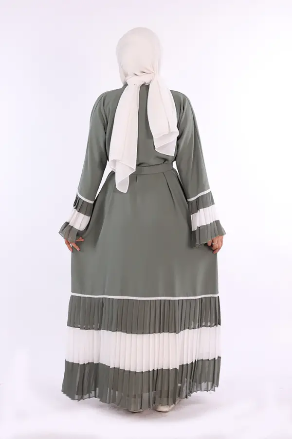 Kol ve Etek Ucu İki Renkli Bel Kuşaklı Piliseli Abaya 7454 Mint - 3