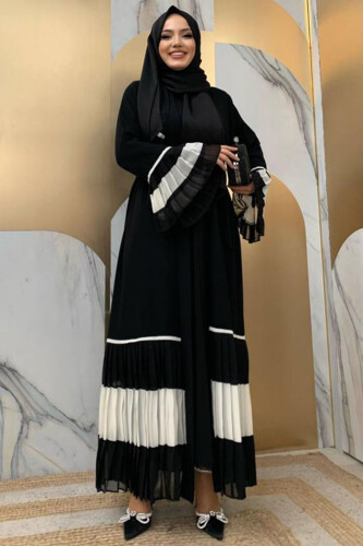 Kol ve Etek Ucu İki Renkli Bel Kuşaklı Piliseli Abaya 7454 Siyah-Beyaz - 3