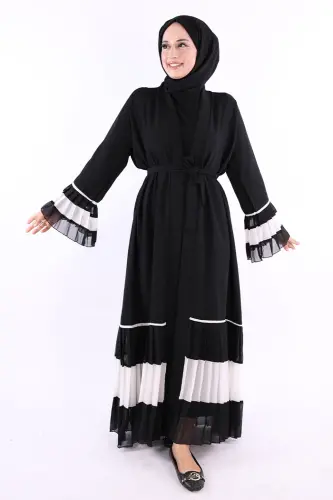 Kol ve Etek Ucu İki Renkli Bel Kuşaklı Piliseli Abaya 7454 Siyah-Beyaz - 1