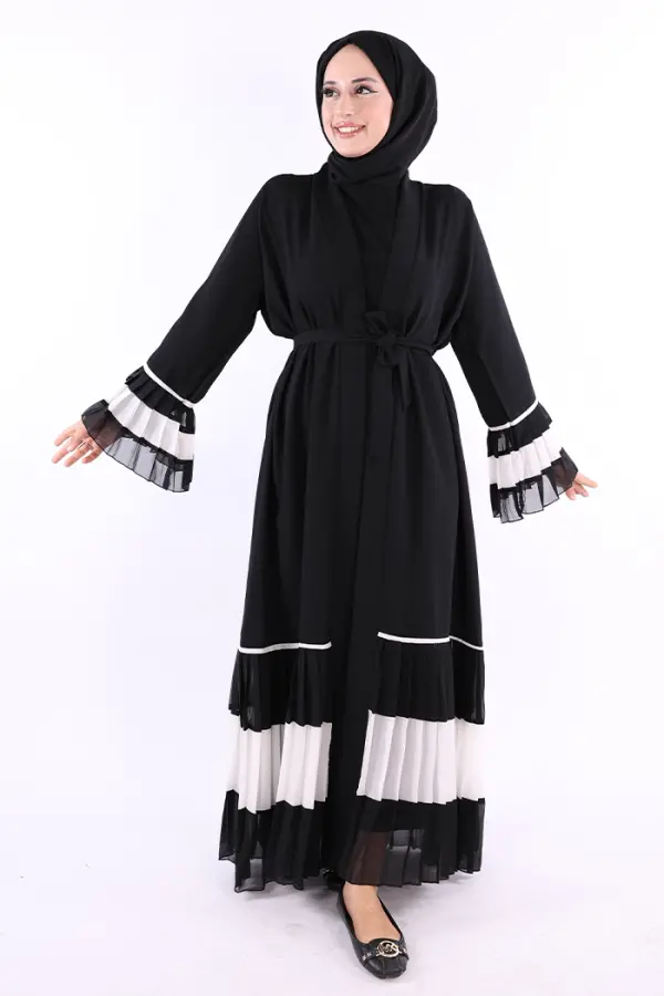 Kol ve Etek Ucu İki Renkli Bel Kuşaklı Piliseli Abaya 7454 Siyah-Beyaz - 1