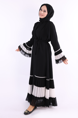 Kol ve Etek Ucu İki Renkli Bel Kuşaklı Piliseli Abaya 7454 Siyah-Beyaz - 2