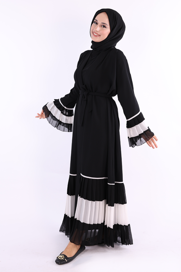 Kol ve Etek Ucu İki Renkli Bel Kuşaklı Piliseli Abaya 7454 Siyah-Beyaz - 2