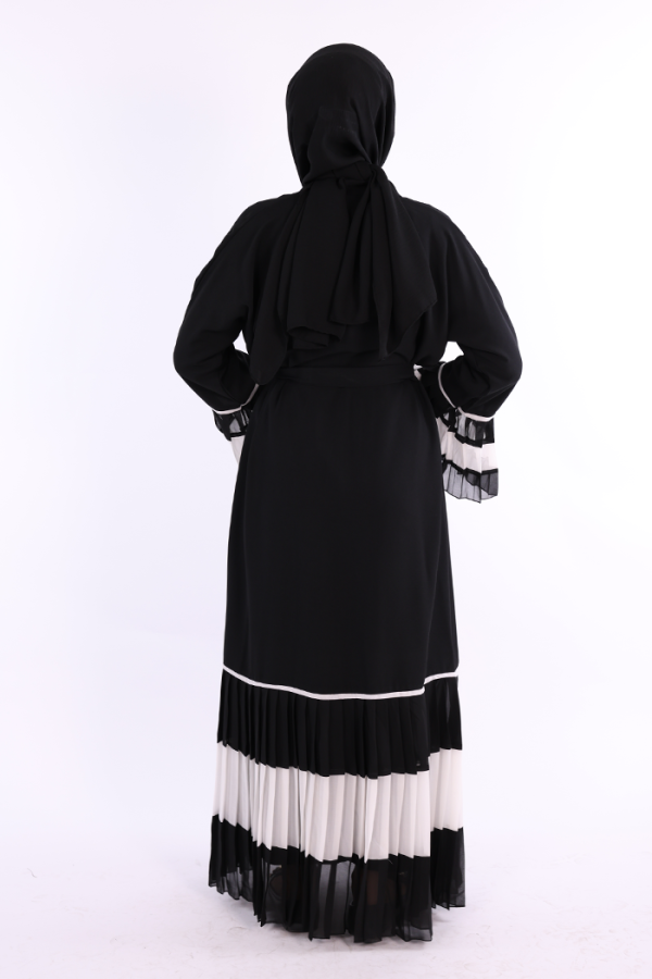 Kol ve Etek Ucu İki Renkli Bel Kuşaklı Piliseli Abaya 7454 Siyah-Beyaz - 3