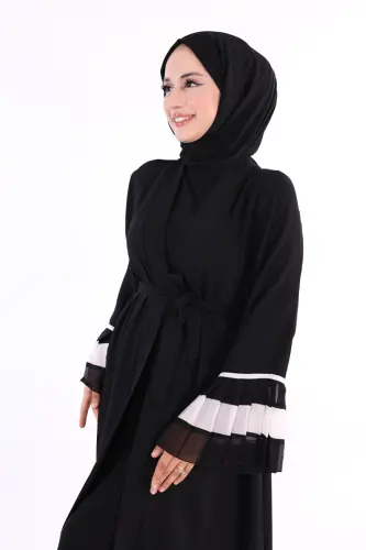 Kol ve Etek Ucu İki Renkli Bel Kuşaklı Piliseli Abaya 7454 Siyah-Beyaz - 4