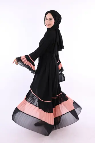 Kol ve Etek Ucu İki Renkli Bel Kuşaklı Piliseli Abaya 7454 Siyah-Pudra - 2
