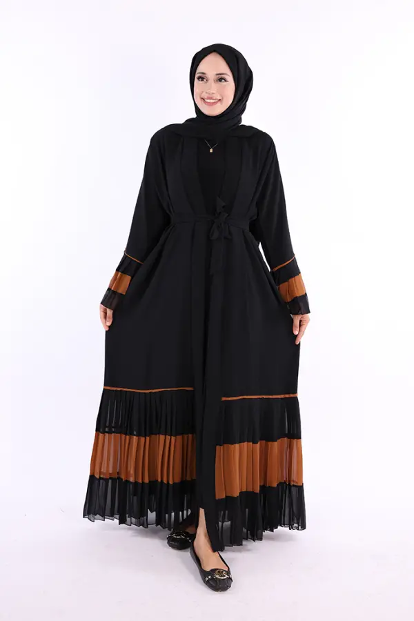 Kol ve Etek Ucu İki Renkli Bel Kuşaklı Piliseli Abaya 7454 Siyah-Taba - 1