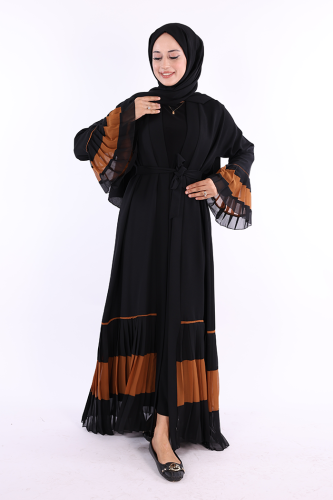 Kol ve Etek Ucu İki Renkli Bel Kuşaklı Piliseli Abaya 7454 Siyah-Taba - 2