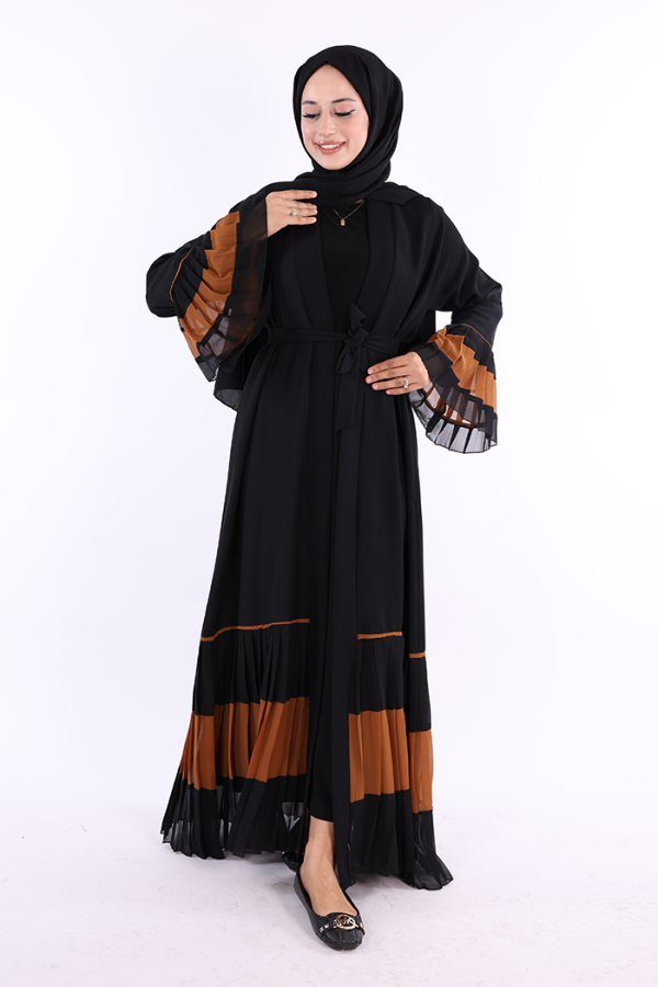Kol ve Etek Ucu İki Renkli Bel Kuşaklı Piliseli Abaya 7454 Siyah-Taba - 2