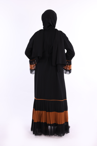 Kol ve Etek Ucu İki Renkli Bel Kuşaklı Piliseli Abaya 7454 Siyah-Taba - 3