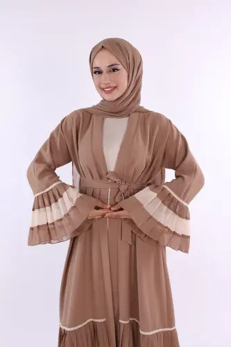 Kol ve Etek Ucu İki Renkli Bel Kuşaklı Piliseli Abaya 7454 Vizon - 4