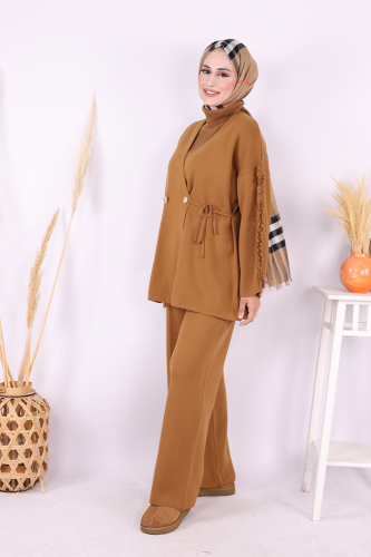 Kolları Fırfırlı Hırka ve Pantolon Takım 17026 Taba - 2