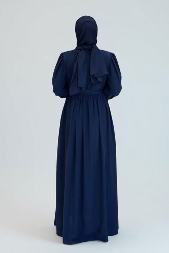 Kolları Lastikli Önü Düğme Detaylı Elbise 6040 Lacivert - Bym Fashion (1)