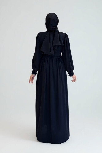 Kolları Lastikli Önü Düğme Detaylı Elbise 6040 Siyah - Bym Fashion (1)