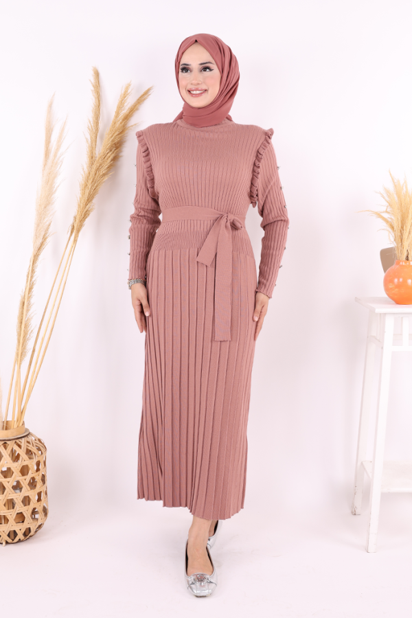 Kolları Metal Zımba Detay Omuz Kısımları Fırfırlı Yarım Boğaz Kendinden Şerit Görünümlü Triko Elbise 22204 Gül Kurusu - 5