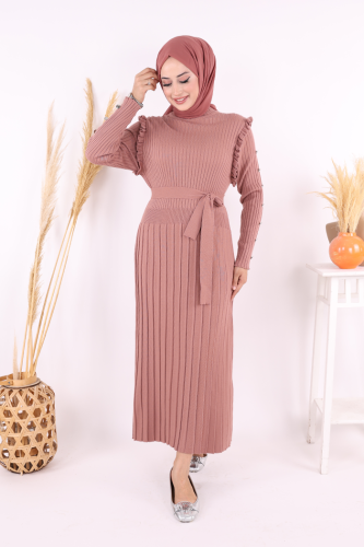 Kolları Metal Zımba Detay Omuz Kısımları Fırfırlı Yarım Boğaz Kendinden Şerit Görünümlü Triko Elbise 22204 Gül Kurusu - 6