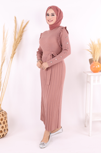 Kolları Metal Zımba Detay Omuz Kısımları Fırfırlı Yarım Boğaz Kendinden Şerit Görünümlü Triko Elbise 22204 Gül Kurusu - 7