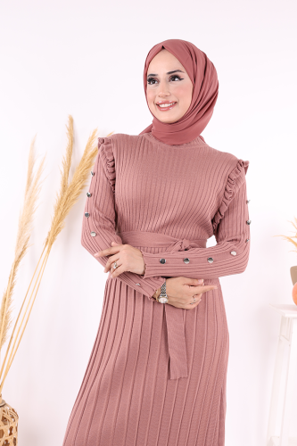 Kolları Metal Zımba Detay Omuz Kısımları Fırfırlı Yarım Boğaz Kendinden Şerit Görünümlü Triko Elbise 22204 Gül Kurusu - 9