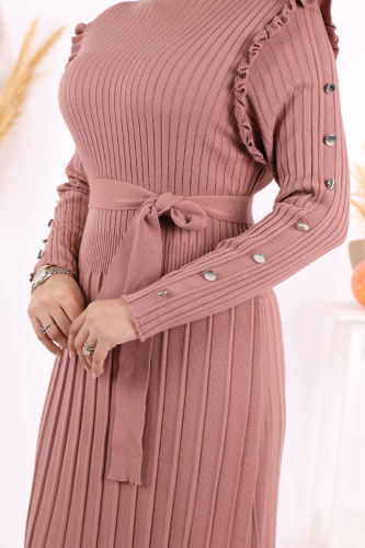 Kolları Metal Zımba Detay Omuz Kısımları Fırfırlı Yarım Boğaz Kendinden Şerit Görünümlü Triko Elbise 22204 Gül Kurusu - 10