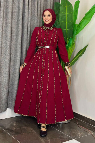 Leopar Biyeli Kemerli Elbise 3930 Bordo - Bym Fashion