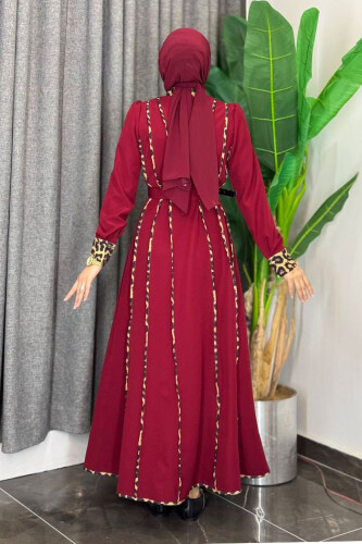 Leopar Biyeli Kemerli Elbise 3930 Bordo - Bym Fashion (1)