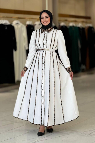 Leopar Biyeli Kemerli Elbise 3930 Ekru - Bym Fashion