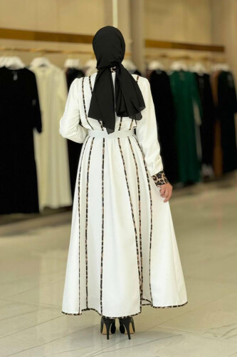 Leopar Biyeli Kemerli Elbise 3930 Ekru - Bym Fashion (1)