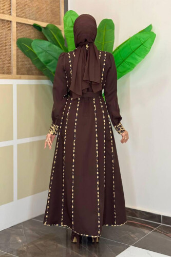 Leopar Biyeli Kemerli Elbise 3930 Kahverengi - Bym Fashion (1)