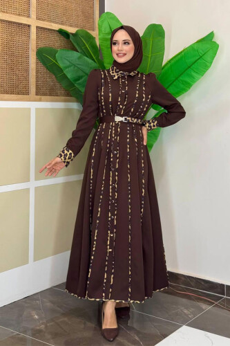 Leopar Biyeli Kemerli Elbise 3930 Kahverengi - Bym Fashion