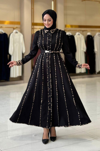 Leopar Biyeli Kemerli Elbise 3930 Siyah - Bym Fashion