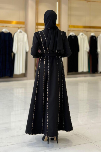Leopar Biyeli Kemerli Elbise 3930 Siyah - Bym Fashion (1)