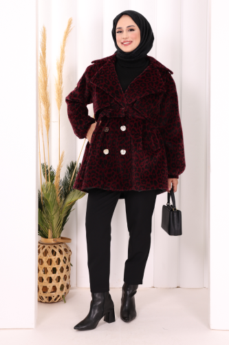 Leopar Düğmeli Kaban 70059-1 Bordo - Bym Fashion