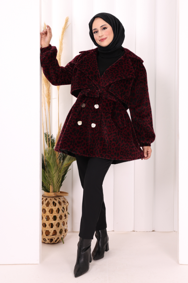Leopar Düğmeli Kaban 70059-1 Bordo - 2