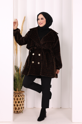 Leopar Düğmeli Kaban 70059-1 Kahverengi - Bym Fashion (1)