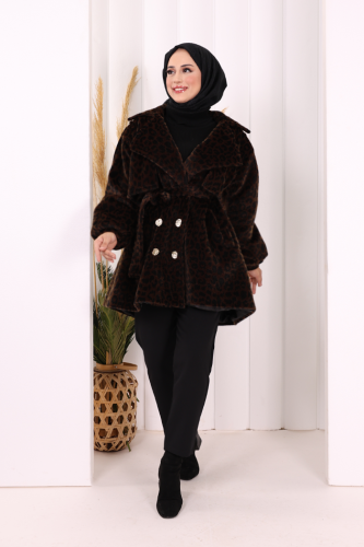 Leopar Düğmeli Kaban 70059-1 Kahverengi - Bym Fashion