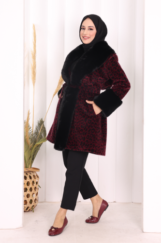 Leopar Kürklü Kaban 70062-1 Bordo - 3