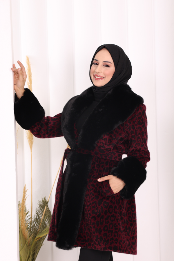 Leopar Kürklü Kaban 70062-1 Bordo - 5