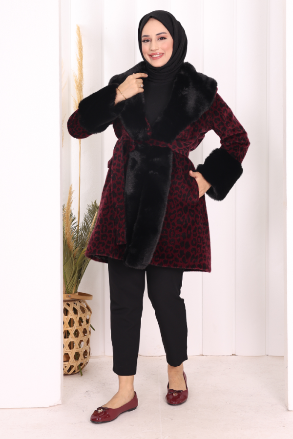 Leopar Kürklü Kaban 70062-1 Bordo - 2