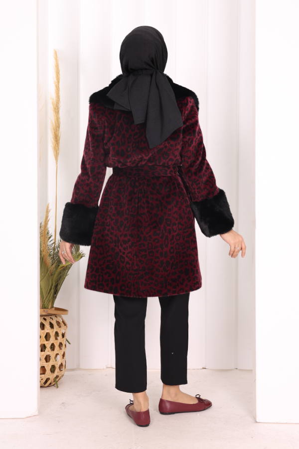 Leopar Kürklü Kaban 70062-1 Bordo - 4