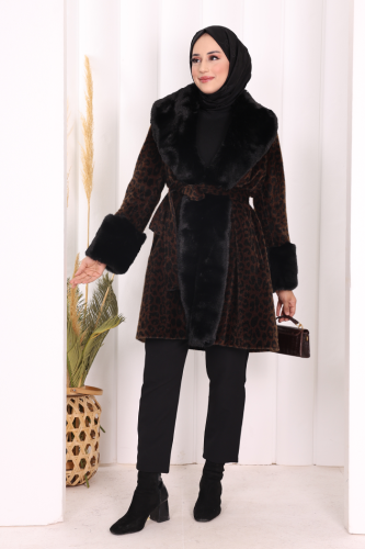 Leopar Kürklü Kaban 70062-1 Kahverengi - Bym Fashion
