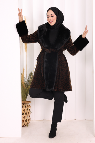 Leopar Kürklü Kaban 70062-1 Kahverengi - Bym Fashion (1)