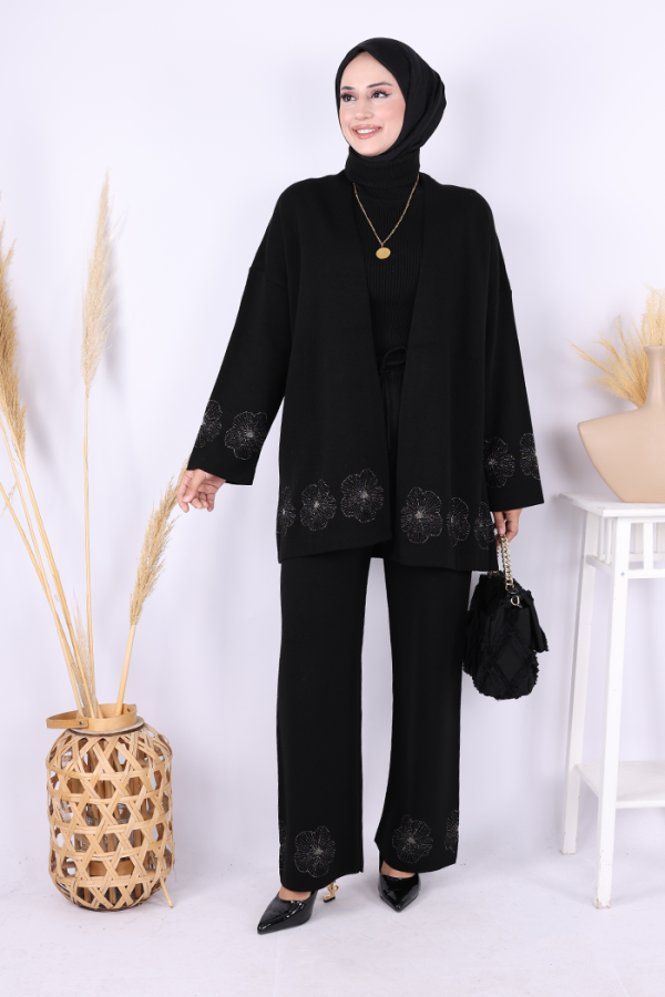 Lotus Çiçekli Kimono ve Pantolon Takım 17003 Siyah-Gold - 1