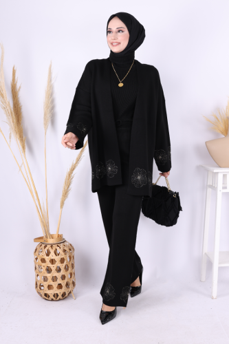 Lotus Çiçekli Kimono ve Pantolon Takım 17003 Siyah-Gold - 2