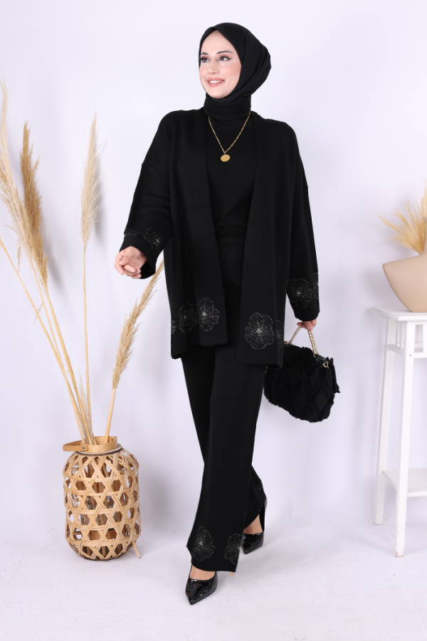 Lotus Çiçekli Kimono ve Pantolon Takım 17003 Siyah-Gold - 2