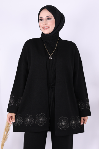 Lotus Çiçekli Kimono ve Pantolon Takım 17003 Siyah-Gold - 3