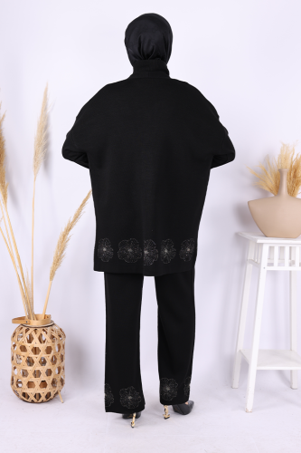 Lotus Çiçekli Kimono ve Pantolon Takım 17003 Siyah-Gold - 4