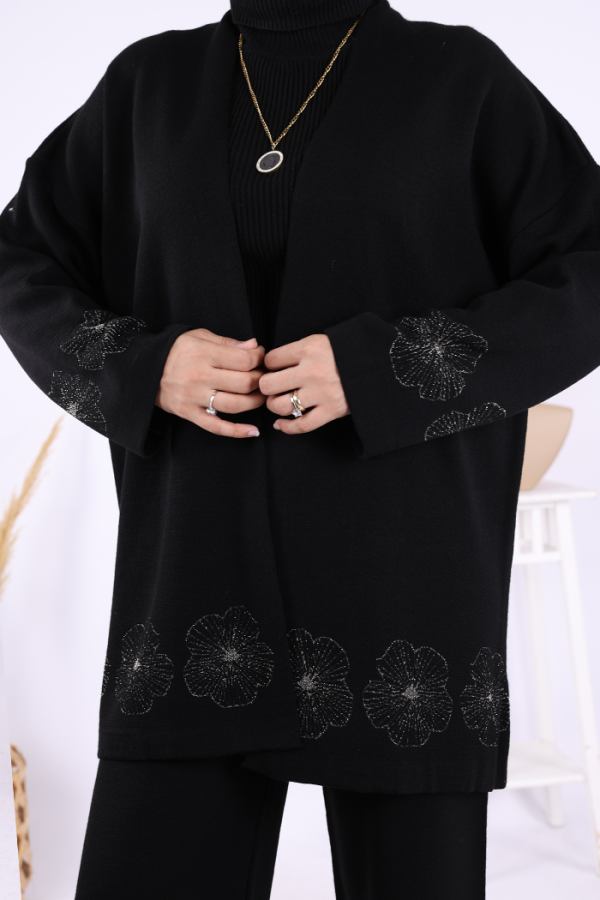 Lotus Çiçekli Kimono ve Pantolon Takım 17003 Siyah-Gold - 5