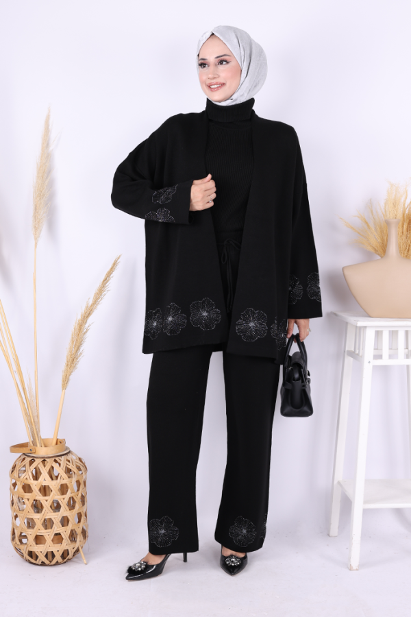 Lotus Çiçekli Kimono ve Pantolon Takım 17003 Siyah-Gümüş - 1
