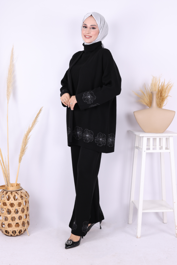 Lotus Çiçekli Kimono ve Pantolon Takım 17003 Siyah-Gümüş - 2