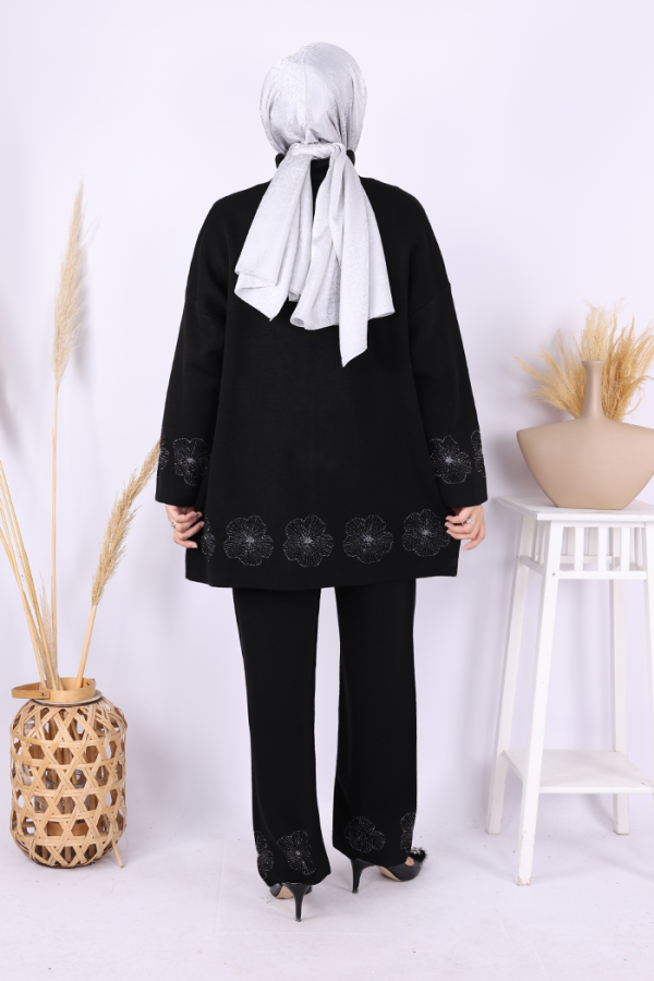 Lotus Çiçekli Kimono ve Pantolon Takım 17003 Siyah-Gümüş - 3